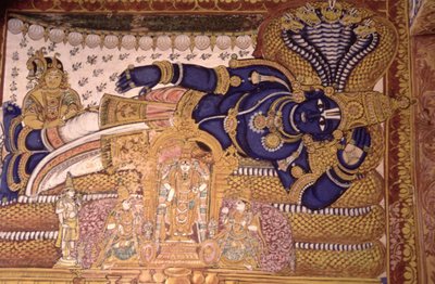 Dipinto murale del dio Vishnu che riposa su un serpente da School Indian