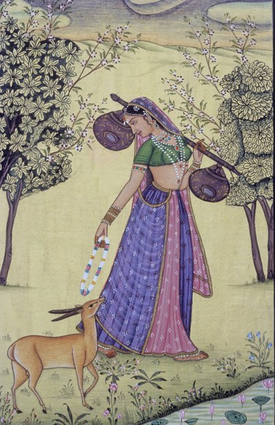 Donna con Rudra Veena e Ghirlanda di Fiori, Miniatura, India da School Indian