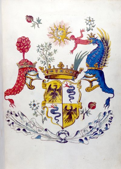 Blasone della famiglia Visconti di Milano, con rappresentazione di un drago che batte un bambino. Archivio di Stato di Milano da School Italian