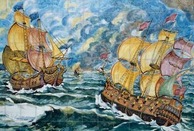 Pannello di ceramica raffigurante due navi a vela, produzione di Vietri sul Mare, Campania, (dettaglio) da School Italian