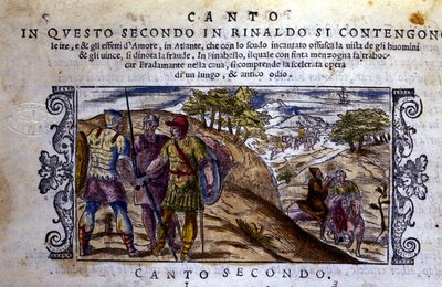 A destra Angelica incontra un eremita che fermerà il combattimento tra Rinaldo e Sacripante per il cavallo Baiardo - Scena tratta dal poema cavalleresco "Orlando Furioso" di Ludovico Ariosto (1474-1533) da School Italian