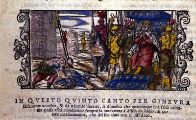 La principessa Ginevra è innocente e il combattimento tra la calunnia e il cavaliere sconosciuto che è venuto a difendere Ginevra è interrotto. scena del poema cavalleresco "Orlando Furioso" di Ludovico Ariosto (1474 - 1533) detto L