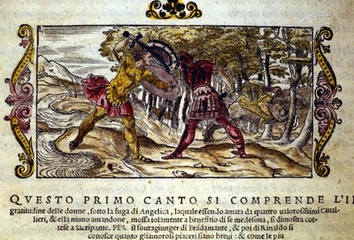 Rappresentazione del combattimento tra Ferragus, il saraceno, e Rinaldo, entrambi innamorati della bella Angelica. Scena tratta dal poema cavalleresco 