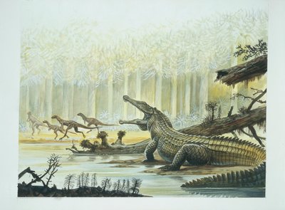 Rutiodonte con Fabrosauro sullo sfondo, periodo Triassico da School Italian