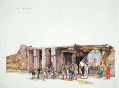 Tell el-Amarna - ricostruzione del culto del dio Aton, raffigurato come disco solare (litografia a colori) da School Italian