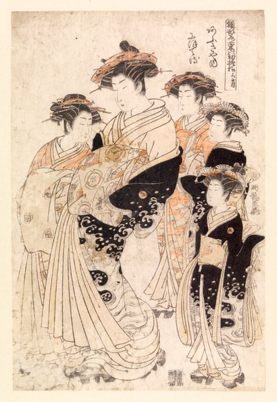Cinque donne giapponesi (xilografia a colori) da School Japanese