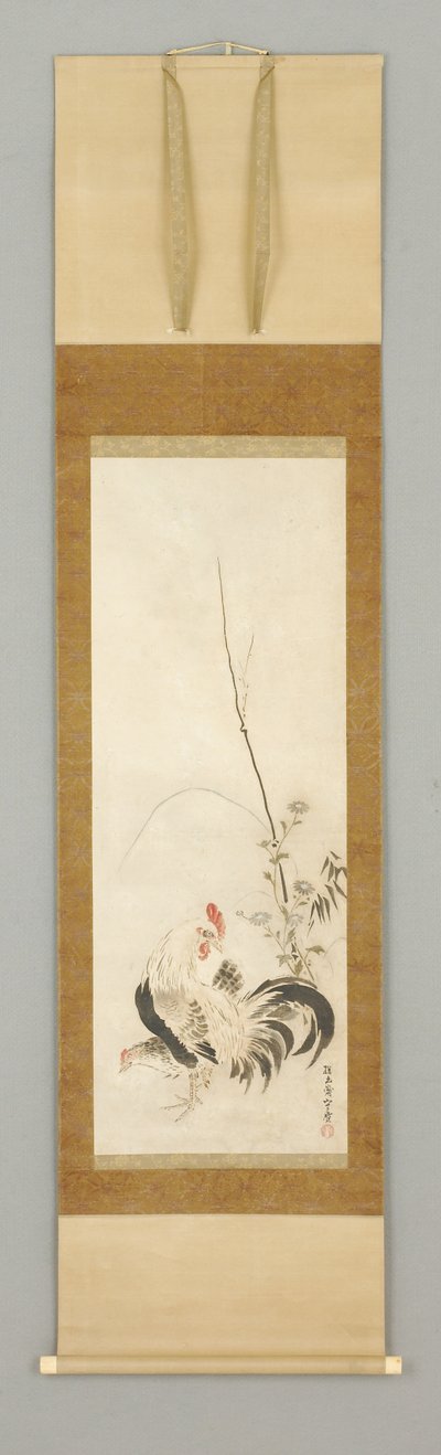 Kakemono, gallo e gallina con fiori da Japanese School
