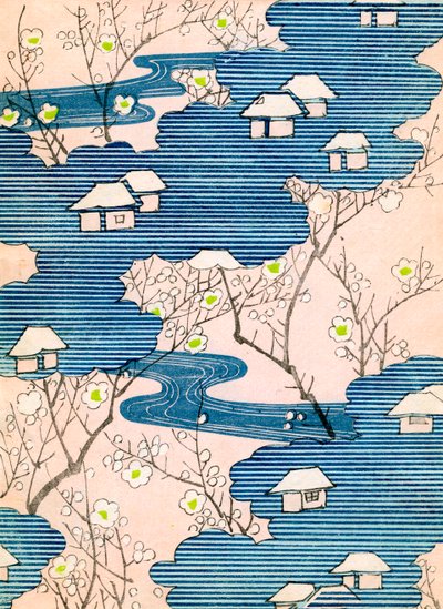 Motivo per un design di kimono: Capanne con fiumi e fiori di ciliegio da School Japanese
