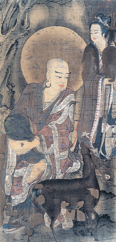 Dipinto religioso che raffigura un giovane monaco con un cerbiatto, dipinto su seta, civiltà giapponese, periodo Heian, 794-1185 da School Japanese
