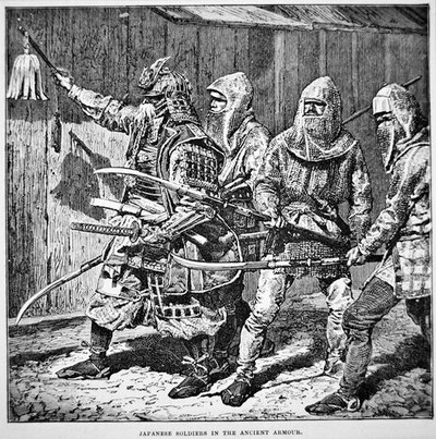 Samurai del vecchio Giappone che guida soldati comuni in cotta di maglia armati di armi a palo da School Japanese