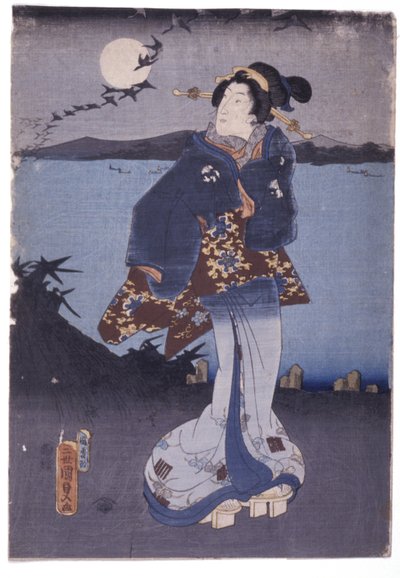 Donna al lago che osserva la luna piena e le oche in discesa da School Japanese