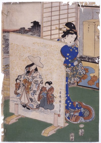 Donna Dietro Tsuitate con Dipinto S. "Kunisada" da School Japanese