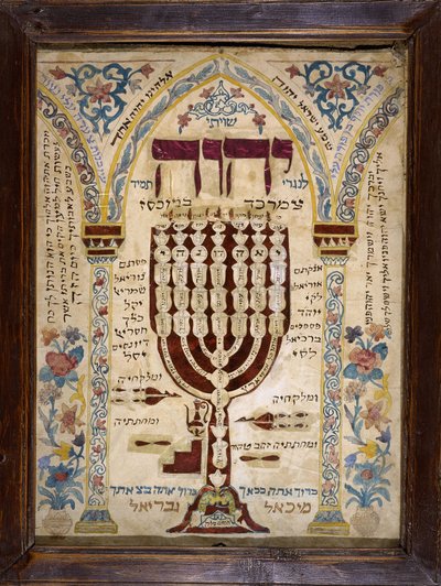 Misrach alsaziano che indica la direzione di Gerusalemme nelle case ebraiche e rappresenta la Menorah (candelabro a sette bracci). Musée d