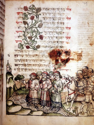 Scena biblica: Gli ebrei attraversano il Mar Rosso. Pagina di un Machazor, libro di preghiere in ebraico. manoscritto sd da School Jewish