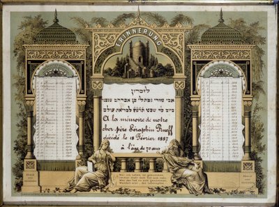 Calendario commemorativo per i Servizi Funebri Futuri di un parente stretto deceduto. Dipinto Jahrzeit. Museo Ebraico di Basilea, Svizzera da School Jewish