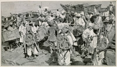 Portatori coreani nel porto di Chemulpo (Corea del Sud), scaricando le giunche - Illustrazione da una fotografia del XIX secolo di J. de Pange, da Viaggio in Corea del dottor Hagen da School Korean