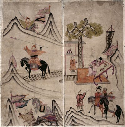 Due pannelli di un paravento a otto pieghe raffigurante "Una storia di tre regni" (pigmenti naturali su carta) da School Korean