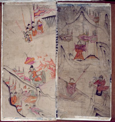 Due pannelli di un paravento a otto pieghe raffigurante "Una storia di tre regni" (pigmenti naturali su carta) da School Korean