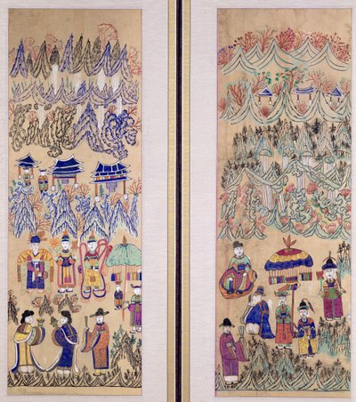 Due pannelli di un paravento a otto pieghe raffiguranti "Dipinti dello sciamanesimo" (pigmenti naturali su carta) da School Korean