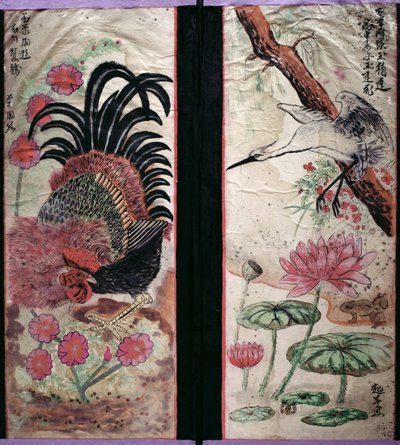 Due pannelli di un paravento a otto pieghe raffiguranti uccelli e fiori (pigmenti naturali su carta) da School Korean