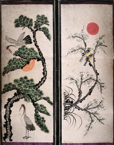 Due pannelli di un paravento a otto pieghe raffiguranti uccelli e fiori (pigmenti naturali su carta) da School Korean