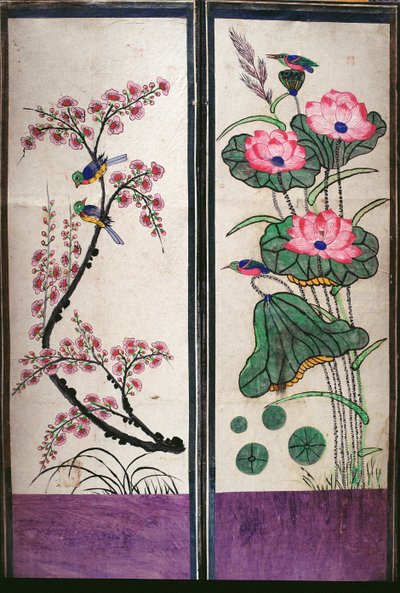 Due pannelli di un paravento a otto pieghe raffiguranti uccelli e fiori (pigmenti naturali su carta) da School Korean