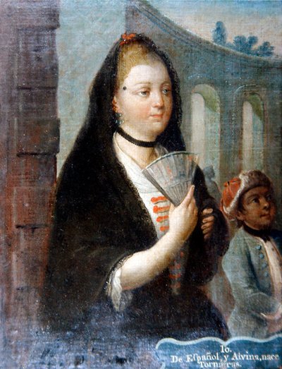 Ritratto di una signora con un velo nero che tiene un ventaglio da School Mexican