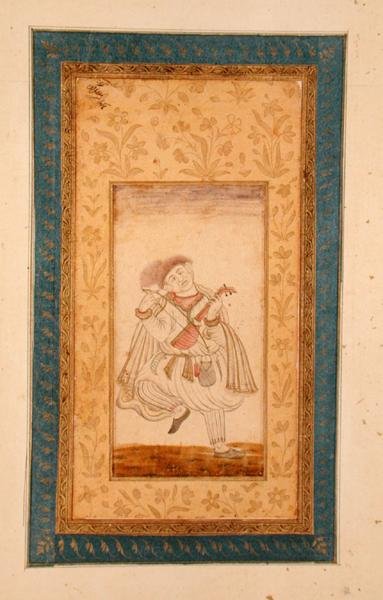 Un suonatore di Sarangi danzante, musicista della corte Mughal, dal Grande Album Clive da School Mughal