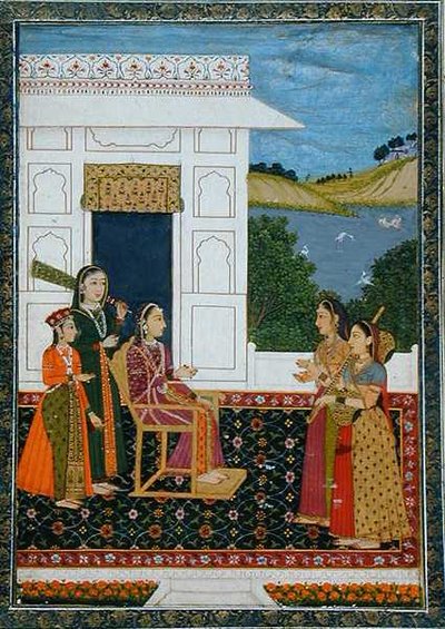 Una signora con attendenti su una terrazza, dal Piccolo Album Clive da School Mughal