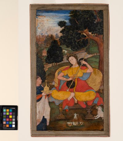 Una donna seduta suona la vina, servita da una domestica, c.1590 da School Mughal