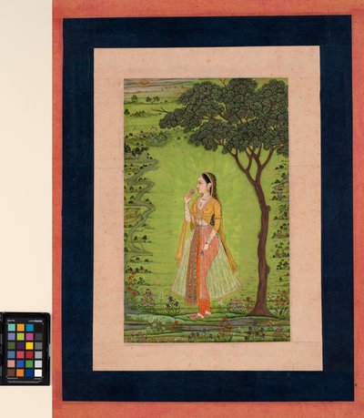 Una donna in piedi accanto a un albero, con un fiore da School Mughal