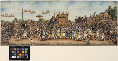 Akbar Shah II cavalca un elefante in una grande processione da School Mughal