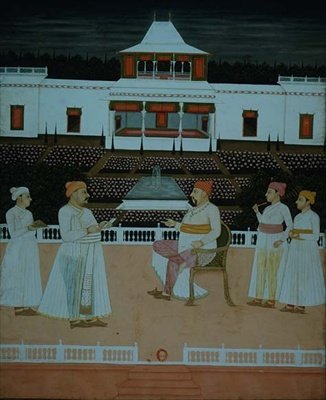 Hazan Riza presenta una supplica al Nawab di Oudhaa in un giardino Mughal da School Mughal