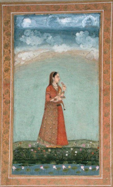 Signora con una ciotola di fiori di rosa, dal Piccolo Album Clive da School Mughal