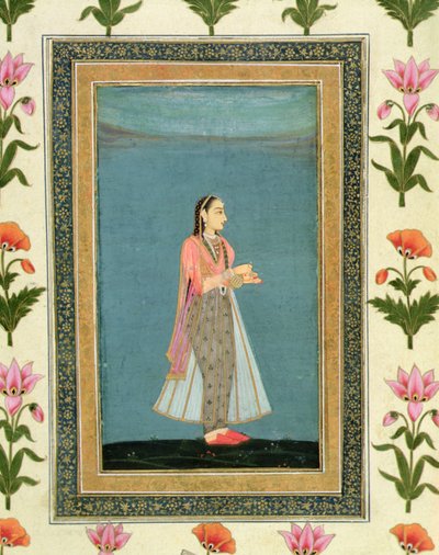 Signora che tiene una fiaschetta di vino e una coppa, dal Grande Album Clive da School Mughal
