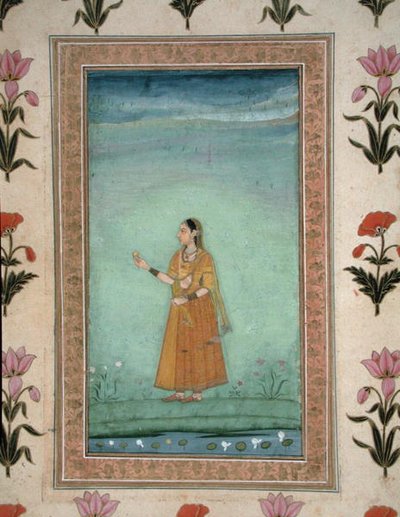 Signora che tiene frutta, in piedi vicino a uno stagno di gigli, dal Piccolo Album Clive, c.1600 da School Mughal