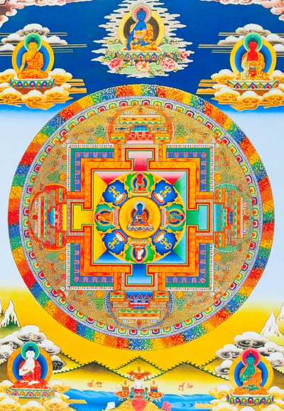 Mandala di Akshobhya, raffigurante il Buddha imperturbabile come Bhumi Sparsa Mudra con la terra che testimonia la sua illuminazione da School Nepalese