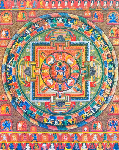 Mandala di Chakrasambhara, raffigurante la divinità principale Sambhara che abbraccia la sua consorte Vajrabarahi simboleggiando l