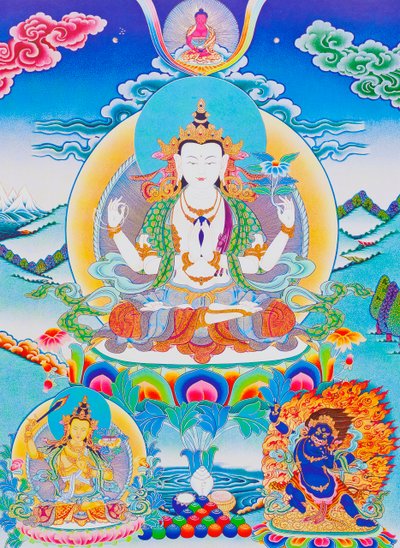 Immagine che raffigura Chenresi, il signore delle sei sillabe "Om Mani Padme Hum" da School Nepalese
