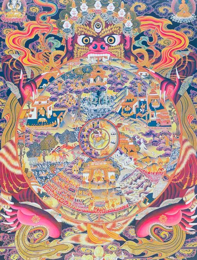 Immagine che raffigura la Ruota della vita, raffigurante il Kalachakra o esistenza illusa tenuta nella bocca di Yama, il dio della morte che rappresenta nascita, morte e rinascita da School Nepalese