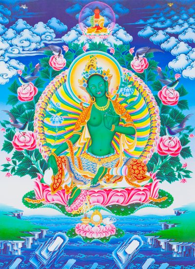 Immagine che raffigura Tara verde, la protettrice materna da tutti i pericoli nell