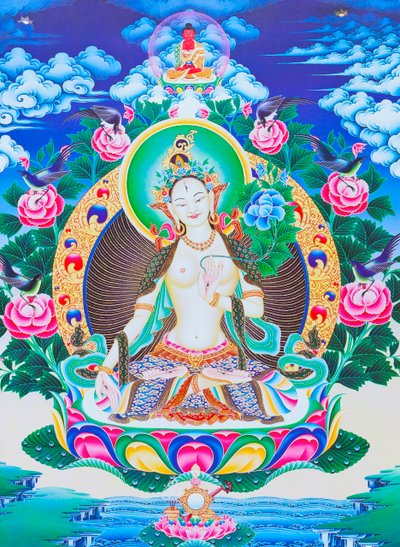 Immagine che raffigura Tara bianca, la madre divina dai sette occhi seduta su un loto con la mano destra in posizione varada mudra che simboleggia la generosità da School Nepalese