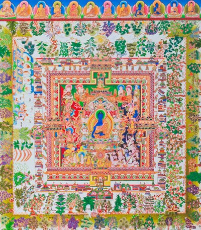 Mandala del Buddha della Medicina, la figura centrale di Bhaisajyaguru rappresenta il supremo guaritore in abiti monastici con una ciotola contenente piante medicinali da School Nepalese