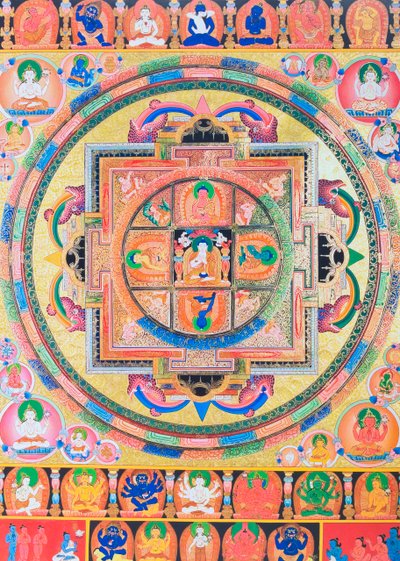Mandala di Panchabuddha, raffigurante cinque forme di Buddha che simboleggiano cinque tipi di saggezza da School Nepalese