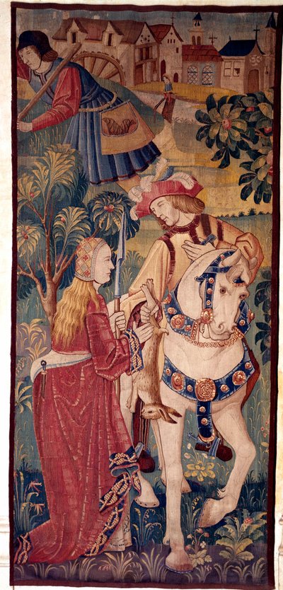 Il ritorno dalla caccia. Un gentiluomo offre selvaggina a una giovane donna. Arazzo dei Paesi Bassi da School Netherlandish