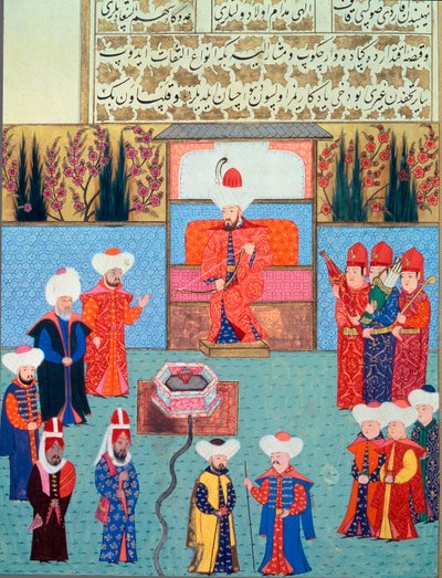 Sultano Orhan I (1281-1360) alla sua corte. Miniatura dal “Hunername” di Lokman, vol. 1 (H 1523, f.7) 1584 Biblioteca del Museo Topkapi Sarayi Istanbul da School Ottoman