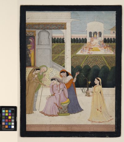 Una signora sconsolata, mentre gli altri giocano a Holi, c.1790 da School Pahari