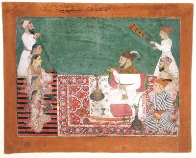Rajah Deep Chand e amici che fumano un hookah, Bijapur, c.1760 da School Pahari