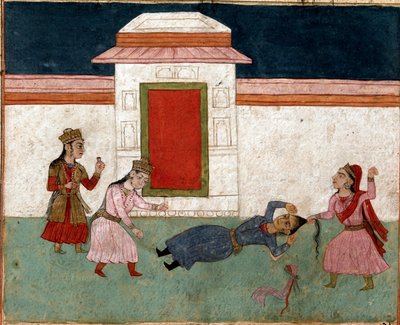 Arte islamica: due concubine che litigano in un harem, la favorita afferra i capelli della rivale. Miniatura persiana da un manoscritto del poema epico 