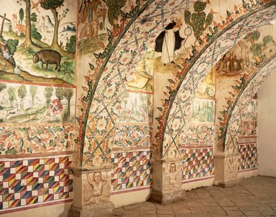 Affreschi della cappella che raffigurano scene religiose e di vita quotidiana da School Peruvian